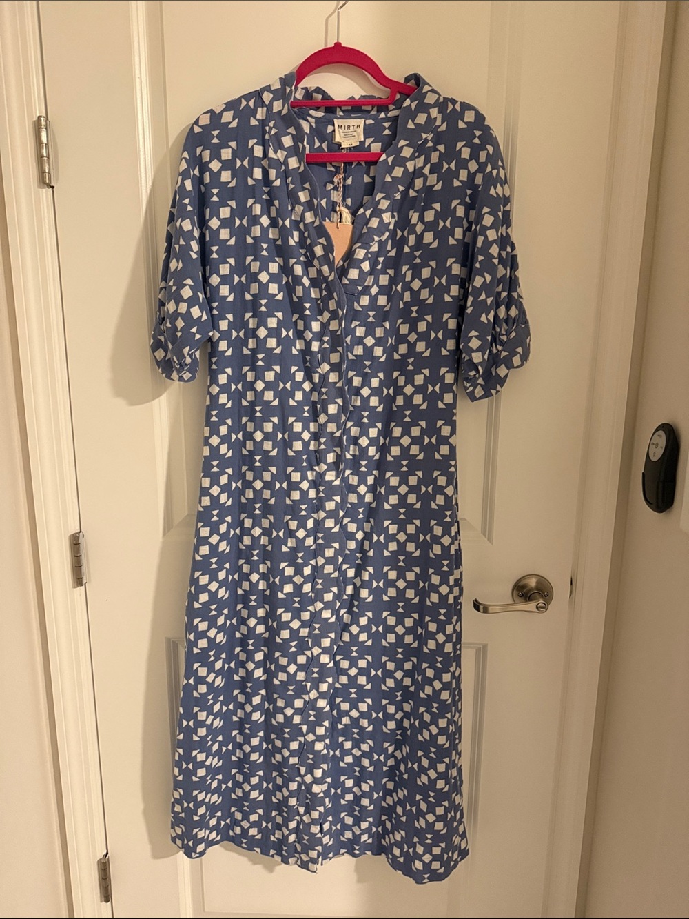 Mirth Blue block print tie waist dress size medium